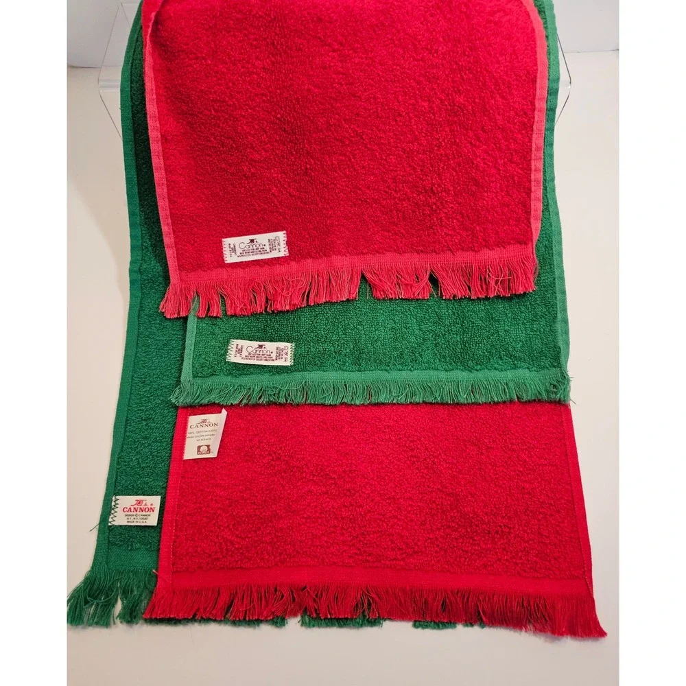 Vintage Cannon‎ Christmas Fringe Towel Set Embroidered Angel Tree Bear Red Green